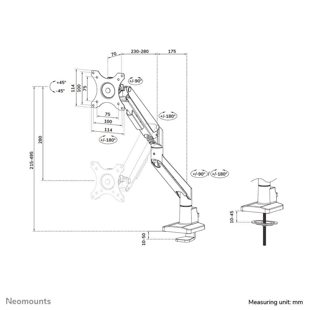 Neomounts DS70-250SL1 Braccio per monitor 17-35" - molla a gas - Topfix - 180°-stop